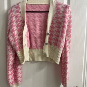 Pink and Cream Women's Houndstooth Sweater